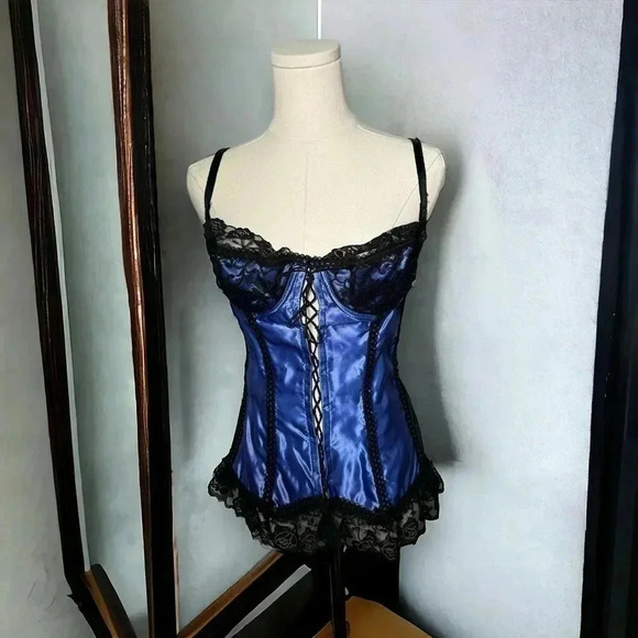 Vintage cobolt blue satin lace corset 34C - Picture 2 of 9